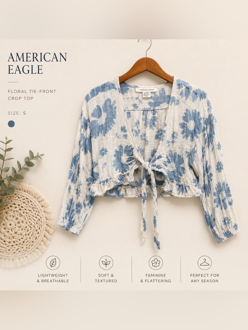 American Eagle Outfitters White and Blue Floral Tie-Front Cropped Blouse